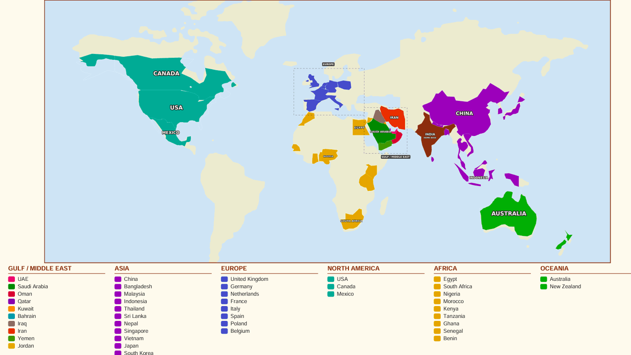 SBV Agro export markets map — India, Middle East, South-East Asia and USA